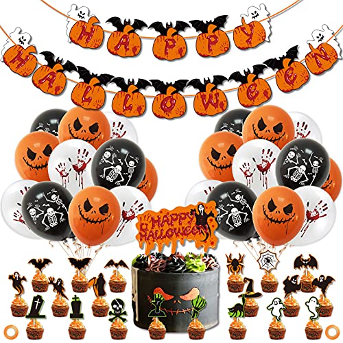 Halloween Decoración de Globos Set, Halloween Banner de Feliz con Cintas, Kit de Globos de Iátex, Decoración para Tarta de Lápida de Dibujos Animados de Halloween para Fiestas Infantiles Decoraciones