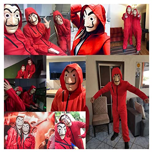 Halloween Mono de Ladrón de Banco para Carnaval,Disfraz de Ladrón Mono Rojo de Manga Larga con Capucha,Conjunto de Cosplay Disfraces Máscara y Ametralladora,Disfraz de Carnival (Child--XXL--155-160)