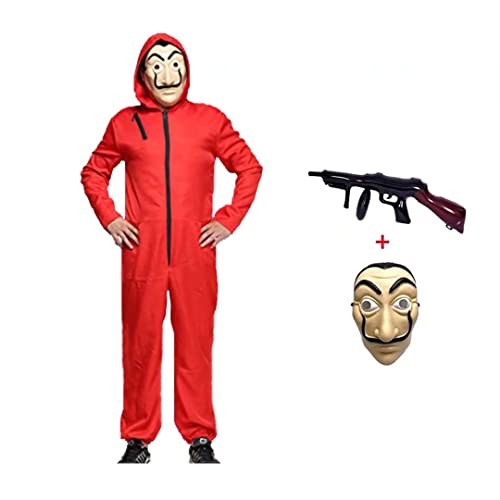 Halloween Mono de Ladrón de Banco para Carnaval,Disfraz de Ladrón Mono Rojo de Manga Larga con Capucha,Conjunto de Cosplay Disfraces Máscara y Ametralladora,Disfraz de Carnival (Child--XXL--155-160)