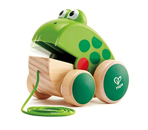 Hape Rana de Arrastre, Rana de Madera que Come Moscas Juguete para Pasear para Niñas y Niños pequeños, Colores Vivos