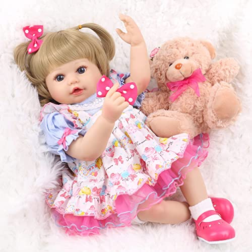 haveahug bebé Reborn muñeca 55 cm, Manos y pies de Vinilo de Silicona, Cuerpo Relleno de algodón, con Vestido, Zapatos y Osito, Juguete de Regalo para niños