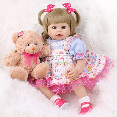 haveahug bebé Reborn muñeca 55 cm, Manos y pies de Vinilo de Silicona, Cuerpo Relleno de algodón, con Vestido, Zapatos y Osito, Juguete de Regalo para niños