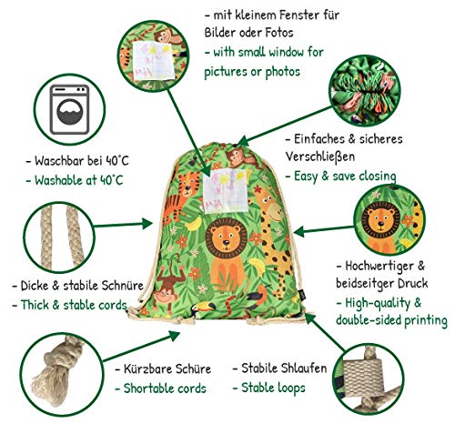 HECKBO Mochila niñas y niños con dibujos de la jungla, incluye una solapa para meter fotos y dibujos - selva - se puede lavar a máquina - 40 x 32 cm - apta para el jardín de infancia