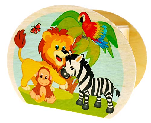 Hess Holzspielzeug 15217 - Hucha de Madera con Llave, diseño de Animales de la Jungla, Regalo de cumpleaños para niños, Aprox. 11,5 x 8,5 x 6,5 cm, Multicolor