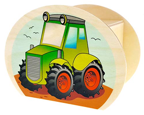 Hess Holzspielzeug 15227 - Hucha de Madera con Llave, Tractor, Regalo de cumpleaños para niños, Aprox. 11,5 x 8,5 x 6,5 cm, Multicolor