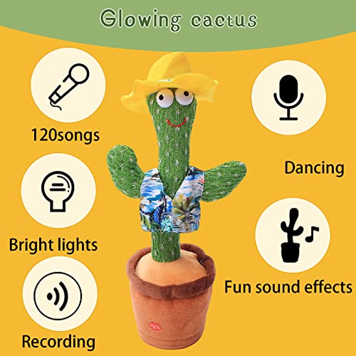 HICAS Cactus Bailarín,Juguete Cactus Dancing Cactus Toy con 120 Canciones En Inglés,Cactus Bailarin Español,Cactus Parlanchin,Juguete de Peluche Que Baila y Repite tu Voz