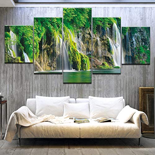 HMKLN Fotos de Lienzo Decoración para el hogar HD Prints Posters 5 Unidades Paisaje Verde Cascada Lago Pinturas de Agua Arte de la Pared Modular