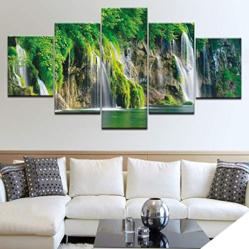 HMKLN Fotos de Lienzo Decoración para el hogar HD Prints Posters 5 Unidades Paisaje Verde Cascada Lago Pinturas de Agua Arte de la Pared Modular