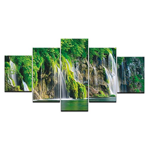 HMKLN Fotos de Lienzo Decoración para el hogar HD Prints Posters 5 Unidades Paisaje Verde Cascada Lago Pinturas de Agua Arte de la Pared Modular