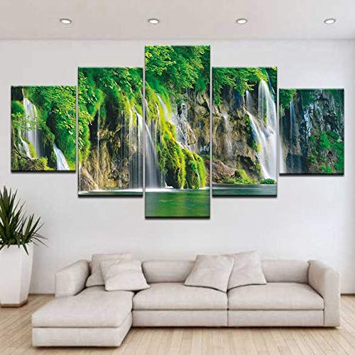 HMKLN Fotos de Lienzo Decoración para el hogar HD Prints Posters 5 Unidades Paisaje Verde Cascada Lago Pinturas de Agua Arte de la Pared Modular