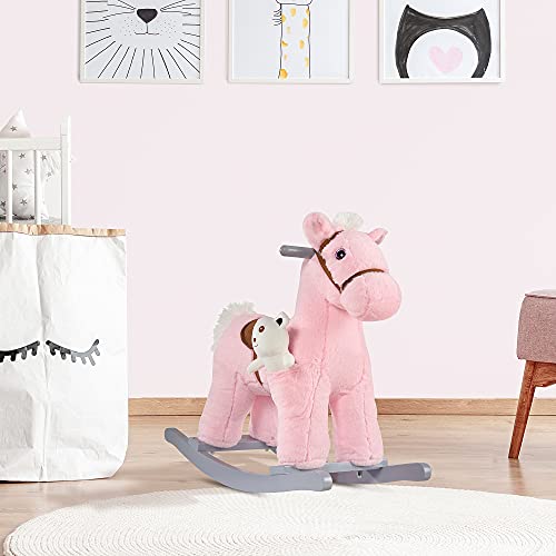 HOMCOM Caballito Balancín para Niños de +3 Meses Caballo Mecedora Felpa con Osito de Peluche Sonidos de Relincho y Galope Base de Madera 65x26x55 cm Rosa