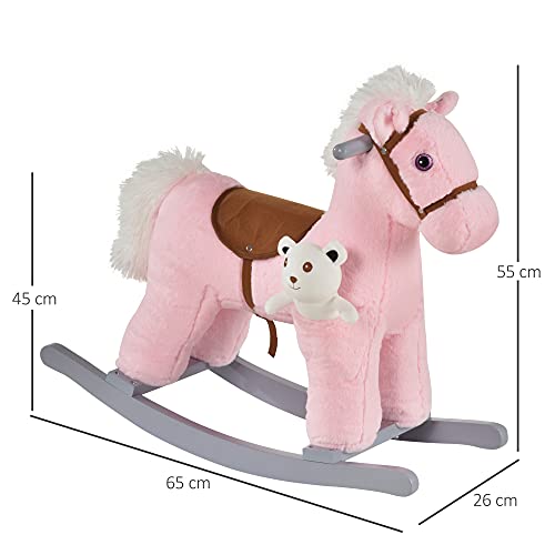 HOMCOM Caballito Balancín para Niños de +3 Meses Caballo Mecedora Felpa con Osito de Peluche Sonidos de Relincho y Galope Base de Madera 65x26x55 cm Rosa