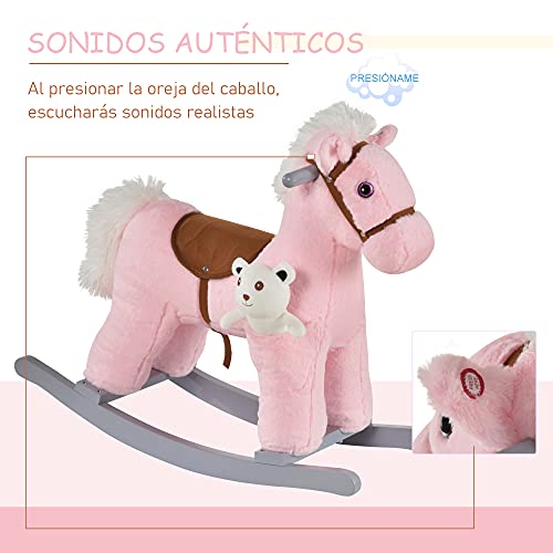 HOMCOM Caballito Balancín para Niños de +3 Meses Caballo Mecedora Felpa con Osito de Peluche Sonidos de Relincho y Galope Base de Madera 65x26x55 cm Rosa