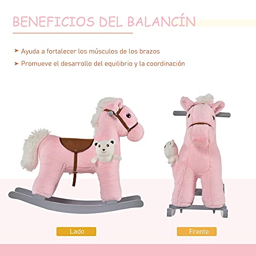 HOMCOM Caballito Balancín para Niños de +3 Meses Caballo Mecedora Felpa con Osito de Peluche Sonidos de Relincho y Galope Base de Madera 65x26x55 cm Rosa