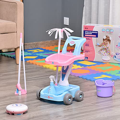 HOMCOM Carrito de Limpieza para Niños de +3 Años con Robot Aspirador Eléctrico con Luz y Sonido Escobas Fregona Cubo 23 Accesorios Incluidos 42x32x49,5 cm Rosa y Azul