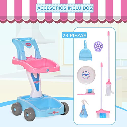 HOMCOM Carrito de Limpieza para Niños de +3 Años con Robot Aspirador Eléctrico con Luz y Sonido Escobas Fregona Cubo 23 Accesorios Incluidos 42x32x49,5 cm Rosa y Azul