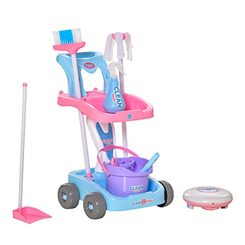 HOMCOM Carrito de Limpieza para Niños de +3 Años con Robot Aspirador Eléctrico con Luz y Sonido Escobas Fregona Cubo 23 Accesorios Incluidos 42x32x49,5 cm Rosa y Azul