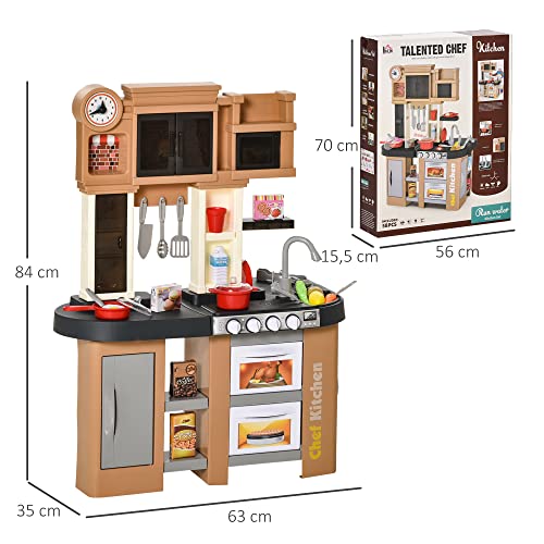 HOMCOM Cocina de Juguete 58 Piezas para Niños de +3 Años Cocinita de Juguete con Luz Sonidos Fregadero Grifo con Agua Nevera y Horno 63x35x84 cm Marrón