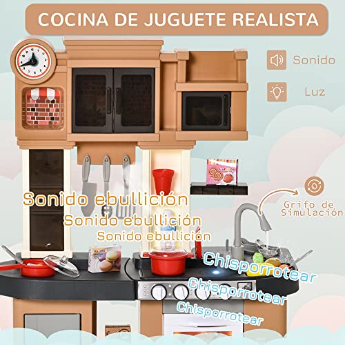 HOMCOM Cocina de Juguete 58 Piezas para Niños de +3 Años Cocinita de Juguete con Luz Sonidos Fregadero Grifo con Agua Nevera y Horno 63x35x84 cm Marrón