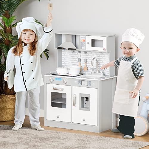 HOMCOM Cocina de Juguete de Madera para Niños de +3 Años Cocinita de Madera Infantil con Luz Sonidos Accesorios Utensilios Estufa Fregadero y Microondas 60x29x84 cm Gris