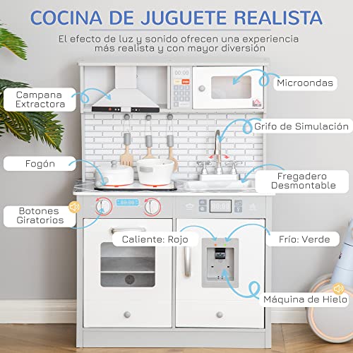 HOMCOM Cocina de Juguete de Madera para Niños de +3 Años Cocinita de Madera Infantil con Luz Sonidos Accesorios Utensilios Estufa Fregadero y Microondas 60x29x84 cm Gris