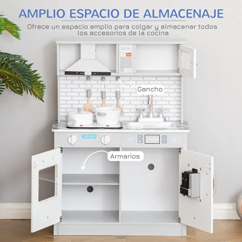 HOMCOM Cocina de Juguete de Madera para Niños de +3 Años Cocinita de Madera Infantil con Luz Sonidos Accesorios Utensilios Estufa Fregadero y Microondas 60x29x84 cm Gris