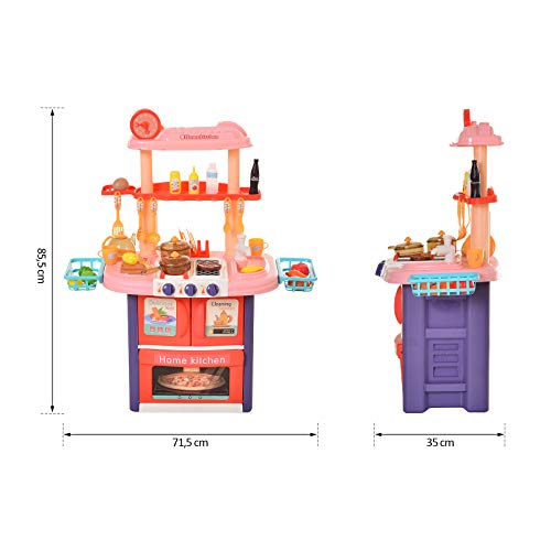 HOMCOM Cocinita de Juguete para Niños de +3 Años Cocina Infantil Juego de rol Incluye 51 Piezas Utensilios con Efectos de Luz y Música 71,5x35x85,5 cm Multicolor