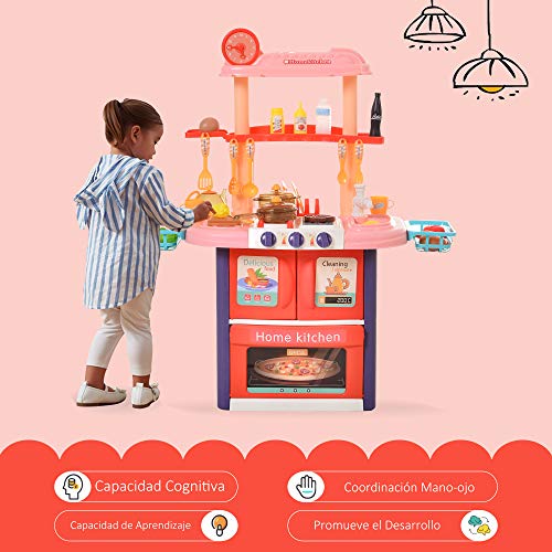 HOMCOM Cocinita de Juguete para Niños de +3 Años Cocina Infantil Juego de rol Incluye 51 Piezas Utensilios con Efectos de Luz y Música 71,5x35x85,5 cm Multicolor