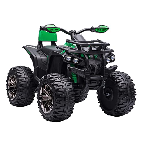 HOMCOM Quad Eléctrico 12V para Niños +3 Años con 2 Motores Faros Música Neumáticos de Suspensión Botones Avance y Retroceso Vehículo Eléctrico a Batería 100x65x73 cm Verde