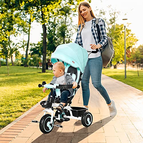 HOMCOM Triciclo Bebé 2 en 1 Triciclo Evolutivo para Niños de +12 Meses con Asiento Reversible Capota Plegable Mango de Empuje Telescópico y Barra Extraíble 100x48x106 cm Turquesa