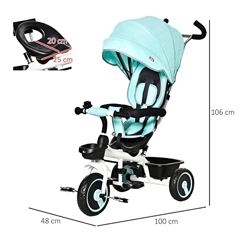 HOMCOM Triciclo Bebé 2 en 1 Triciclo Evolutivo para Niños de +12 Meses con Asiento Reversible Capota Plegable Mango de Empuje Telescópico y Barra Extraíble 100x48x106 cm Turquesa