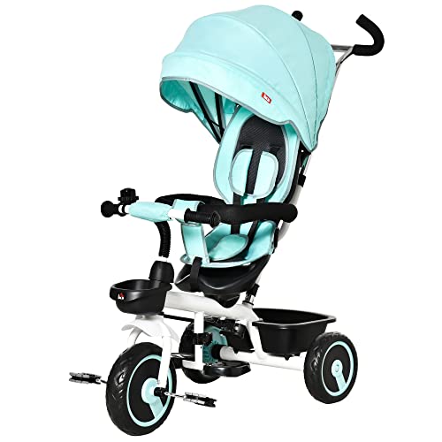 HOMCOM Triciclo Bebé 2 en 1 Triciclo Evolutivo para Niños de +12 Meses con Asiento Reversible Capota Plegable Mango de Empuje Telescópico y Barra Extraíble 100x48x106 cm Turquesa