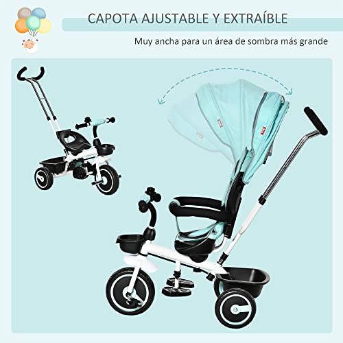 HOMCOM Triciclo Bebé 2 en 1 Triciclo Evolutivo para Niños de +12 Meses con Asiento Reversible Capota Plegable Mango de Empuje Telescópico y Barra Extraíble 100x48x106 cm Turquesa