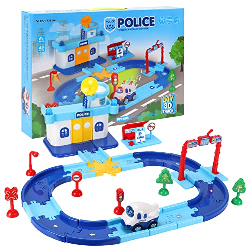 HORLIMER Pista de Coches Eléctrico para Niños, Carretera Juguete de Circuito Coches, 49 Piezas, Set de Juego para Bebe más de 3 Años, Regalo Navidad, Cumpleaños