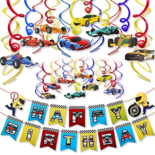 HOWAF Decoración de Remolino Colgante de Coche de Carreras,Cartel de Feliz cumpleaños con Tema de Coches para Coches, cumpleaños temático, Baby Shower, niños, Suministros de Fiesta