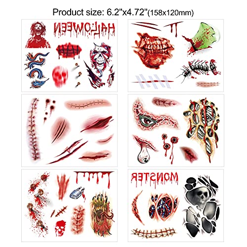 HOWAF Halloween cicatrices Tatuajes temporales,sangre heridas sangrante zombi cicatriz,vampiro dientes,heridas, calavera,traje para niños,adultos,Halloween fiesta,maquillaje,cosplay disfraces dec