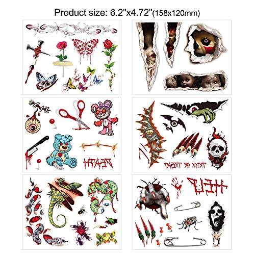 HOWAF Halloween cicatrices Tatuajes temporales,sangre heridas sangrante zombi cicatriz,vampiro dientes,heridas, calavera,traje para niños,adultos,Halloween fiesta,maquillaje,cosplay disfraces dec