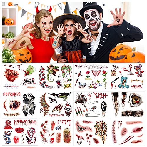 HOWAF Halloween cicatrices Tatuajes temporales,sangre heridas sangrante zombi cicatriz,vampiro dientes,heridas, calavera,traje para niños,adultos,Halloween fiesta,maquillaje,cosplay disfraces dec