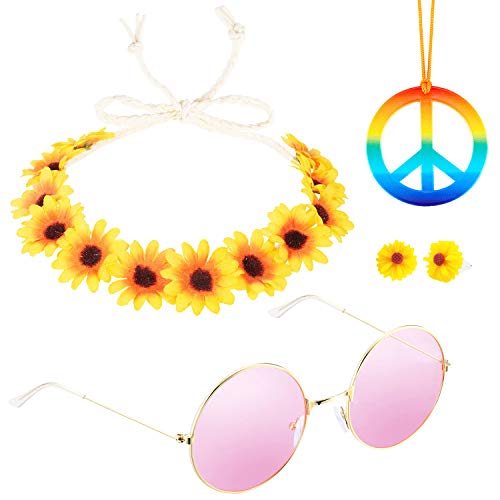 HOWAF Hippie Accesorios de Disfraces para Hombre y Mujer, Gafas Hippies Retro John Lennon Hippie 60's Signo de la Paz Collar Corona de Girasol Banda y Aretes