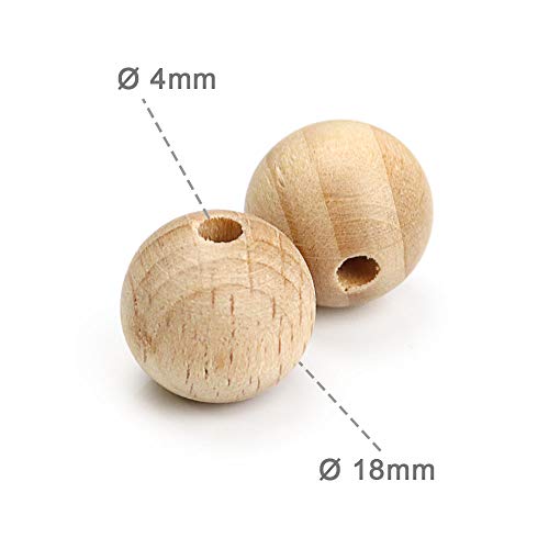 I LOVE MOM 24 Cuentas de Madera de Haya Manualidades, Abalorios de Madera para hacer Pulseras, Bolas de Madera con agujero para Collares, Apto para Chupetero Mordedor bebé (Madera Haya, Ø 18mm)