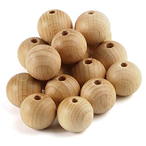 I LOVE MOM 24 Cuentas de Madera de Haya Manualidades, Abalorios de Madera para hacer Pulseras, Bolas de Madera con agujero para Collares, Apto para Chupetero Mordedor bebé (Madera Haya, Ø 18mm)