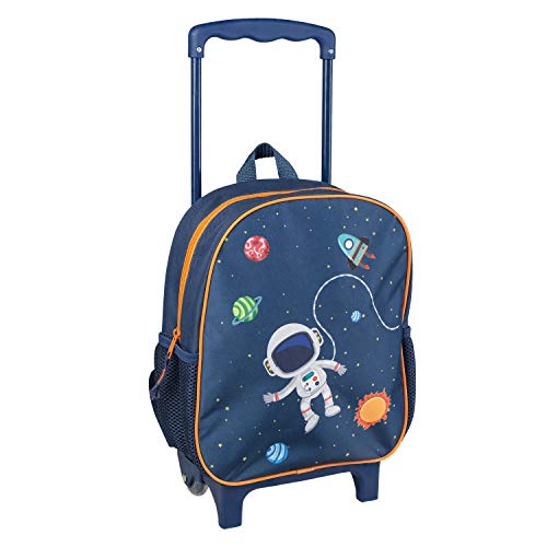 Idena 20068 - Mochila trolley con 2 ruedas brillantes, para niños, azul oscuro con elegante motivo de astronauta y espacio, como maleta de mano, carro escolar y mochila infantil, 31 x 27 x 10 cm