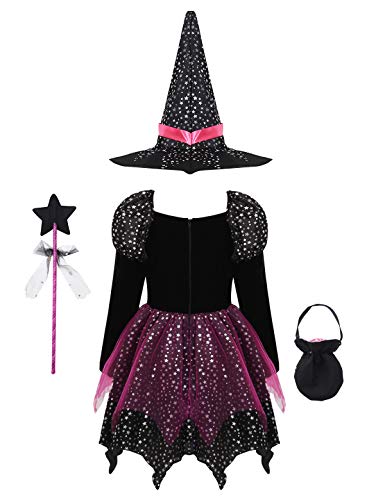 IEFIEL Disfraz de Bruja para Niñas Conjuntos de Vestido Princesa de 4 Piezas Vestido de Reina Oscuridad Tutú+Sombrero Bruja +Dulces Bolsas+ Varita Magica Negro 5-6 años