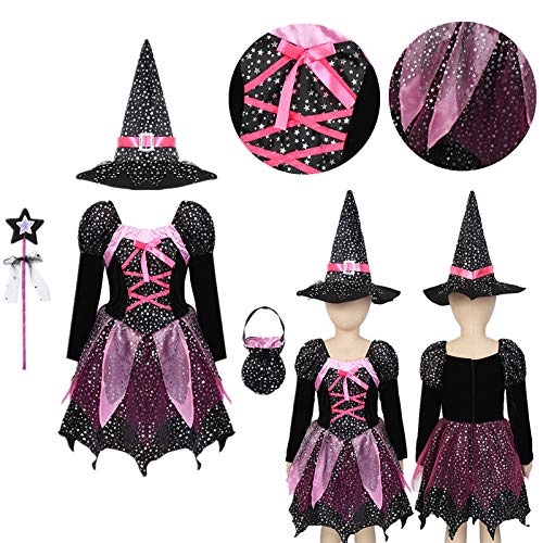 IEFIEL Disfraz de Bruja para Niñas Conjuntos de Vestido Princesa de 4 Piezas Vestido de Reina Oscuridad Tutú+Sombrero Bruja +Dulces Bolsas+ Varita Magica Negro 5-6 años