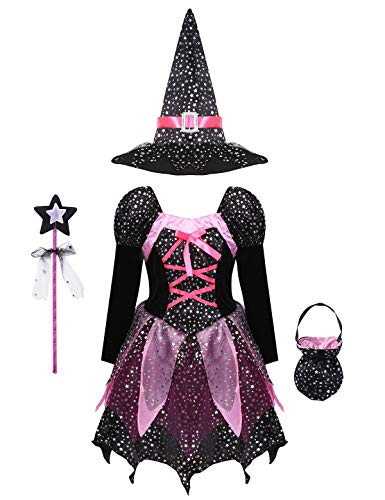 IEFIEL Disfraz de Bruja para Niñas Conjuntos de Vestido Princesa de 4 Piezas Vestido de Reina Oscuridad Tutú+Sombrero Bruja +Dulces Bolsas+ Varita Magica Negro 5-6 años