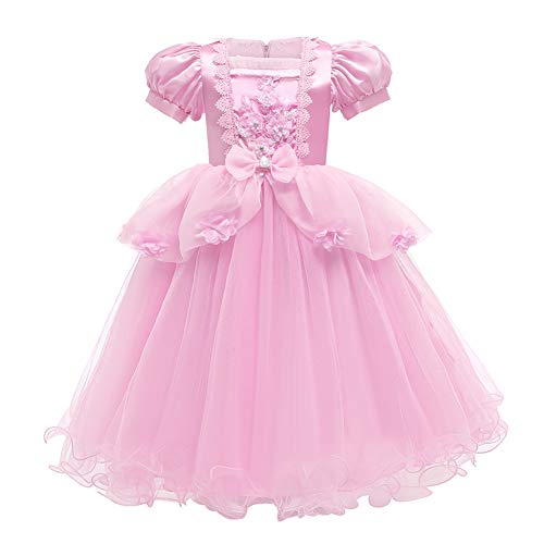 IWEMEK Disfraz de Princesa Cenicienta Vestido Tul Encaje Flor Largo con Accesorios Niñas Disfraces de Carnaval Halloween Navidad Cumpleaños Ceremonia Fiesta Vestidos Ropa #06: Rosa Set 3-4 años