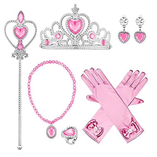 IWEMEK Disfraz de Princesa Cenicienta Vestido Tul Encaje Flor Largo con Accesorios Niñas Disfraces de Carnaval Halloween Navidad Cumpleaños Ceremonia Fiesta Vestidos Ropa #06: Rosa Set 3-4 años