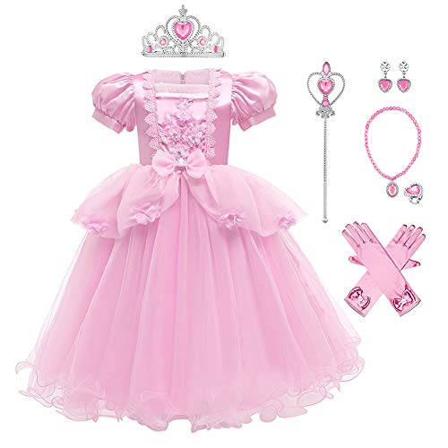 IWEMEK Disfraz de Princesa Cenicienta Vestido Tul Encaje Flor Largo con Accesorios Niñas Disfraces de Carnaval Halloween Navidad Cumpleaños Ceremonia Fiesta Vestidos Ropa #06: Rosa Set 3-4 años