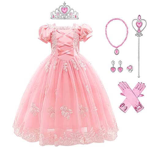 IWEMEK Niñas Disfraz de Rapunzel Vestido de Princesa con Accesorios Cuento de Hadas Disfraces para Niños Carnaval Halloween Navidad Cumpleaños Ceremonia Fiesta Vestidos Ropa #09: Rosa Set 4-5 años