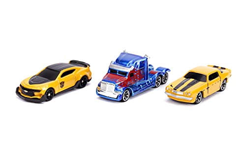 Jada Toys Transformers 253111000 - Juego de 3 Coches de Juguete Nano Bumblebee, Optimus Prime, Rueda Libre, 4 cm, a Partir de 3 años, Multicolor